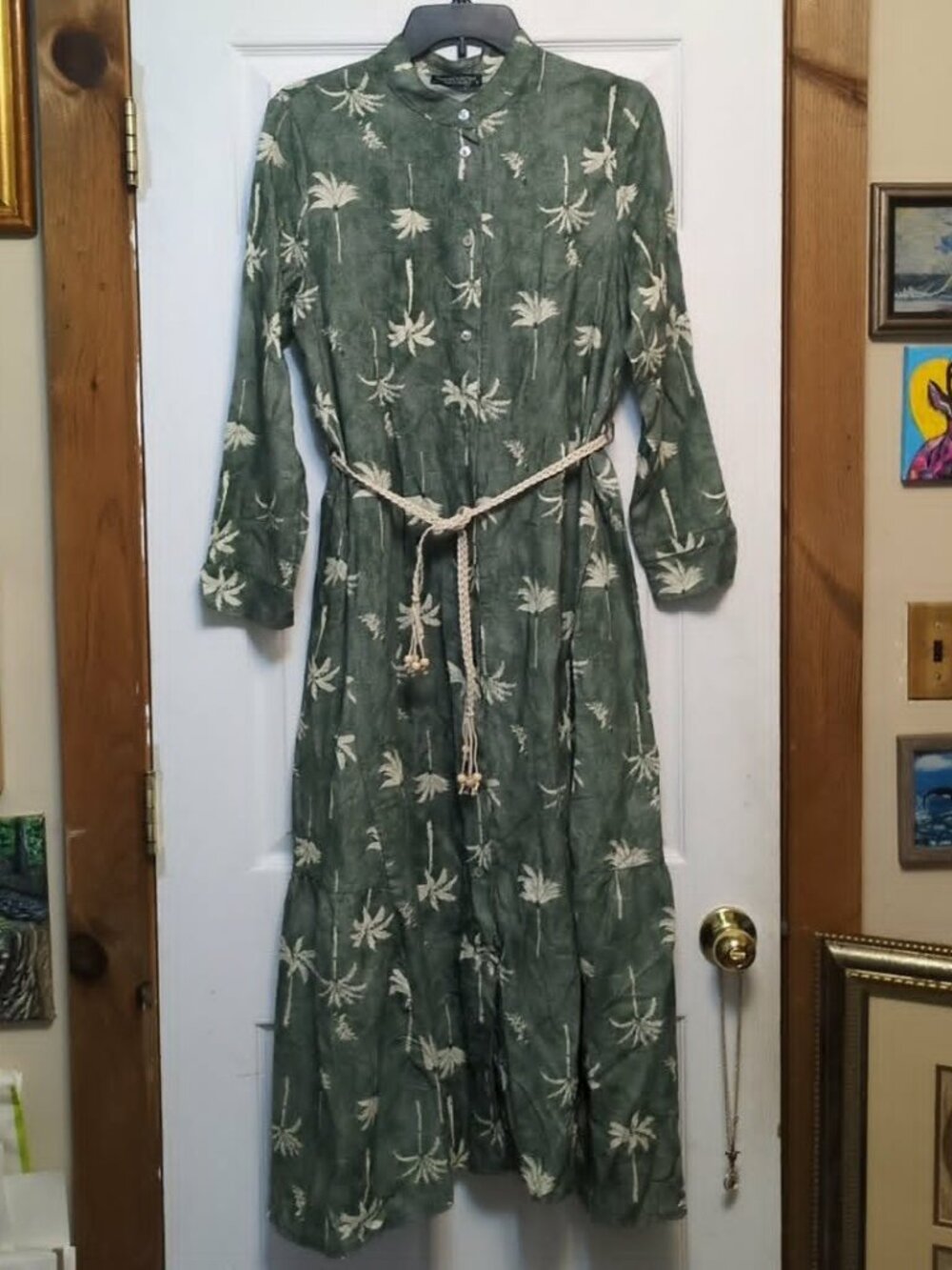 New Sz S FRANCESCA BETTINI (Made Italy) Palm Print Linen Blend Maxi Shirt Dress